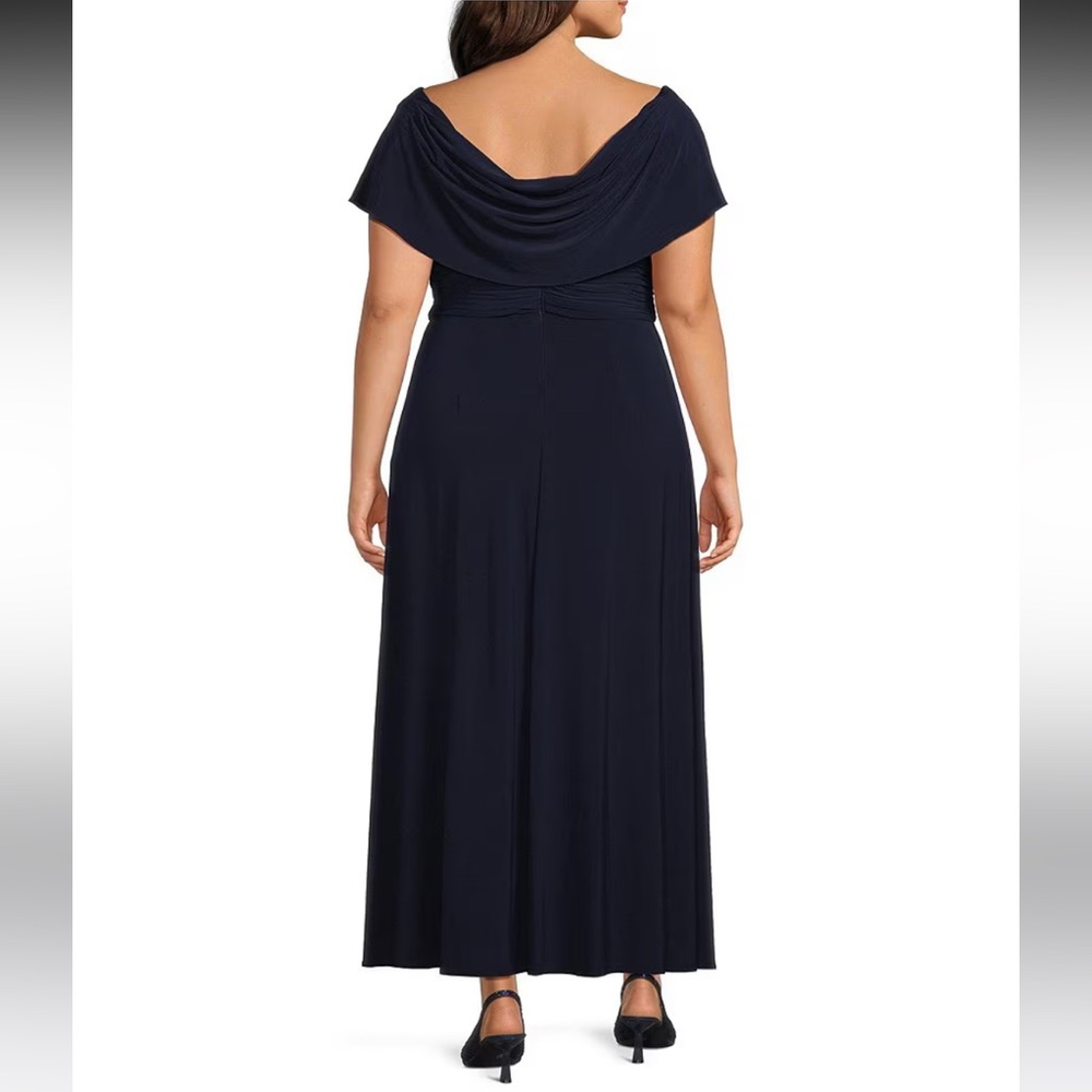 Alex Evenings 20W Long Navy Gown Cowl Cap Sleeves Maxi Slit Jersey Plus Size - Picture 2 of 8